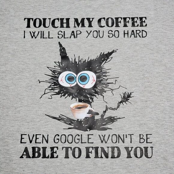 Lilicloth "Touch My Coffee..." Frizzled Cat LS Grey Tee - Size Large - Picture 1 of 4